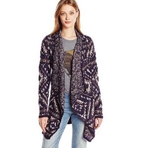 Lucky Brand Wrap Cardigan Small Blue Intarsia Aztec  Boho Open Chunky Draped